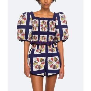 SEA NEW YOUR Pippin Quilted Printed Top Womens 4 Patchwork Puff Sleeve Smocked